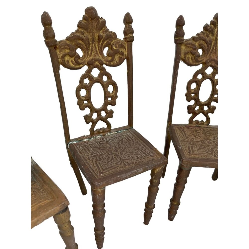 Vintage Ornate Dollhouse Miniature Brass Chairs Set Of 5 Metal 4" Tall - Picture 8 of 11